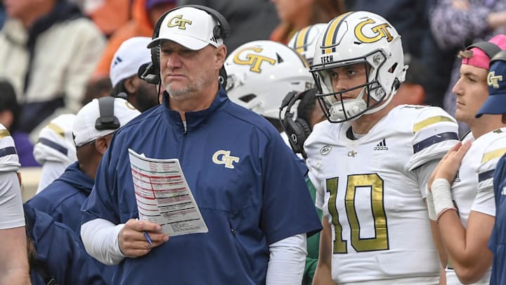 Nov 11, 2023; Clemson, South Carolina, USA; Georgia Tech Yellow Jackets head coach Brent Key and quarterback Haynes King (10) look on during the fourth quarter against the Clemson Tigers at Memorial Stadium. Mandatory Credit: Ken Ruinard-Imagn Images Nov 11, 2023; Clemson, South Carolina, USA; Georgia Tech Yellow Jackets head coach Brent Key and quarterback Haynes King (10) look on during the fourth quarter against the Clemson Tigers at Memorial Stadium. Mandatory Credit: Ken Ruinard-Imagn Images