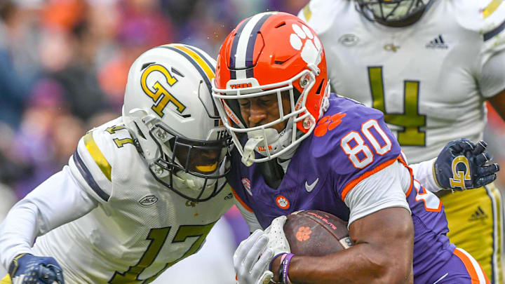 Nov 11, 2023; Clemson, South Carolina, USA; Clemson Tigers wide receiver Beaux Collins (80) runs near Georgia Tech defensive back Rodney Shelley (17) during the first quarter at Memorial Stadium. Mandatory Credit: Ken Ruinard-Imagn Images