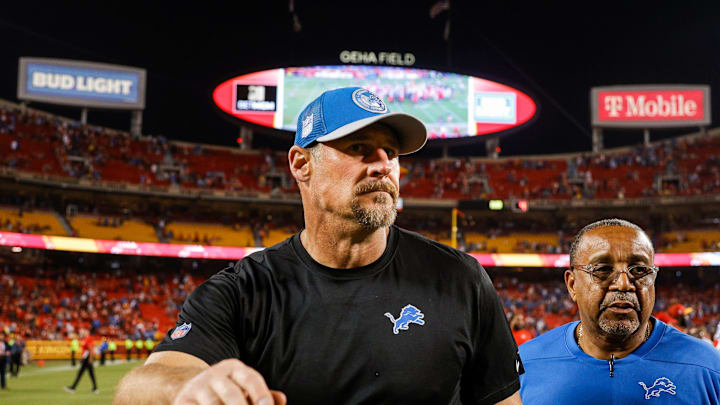 Detroit Lions head coach Dan Campbell walks off the field after 21-20 win over Kansas City Chiefs at Arrowhead Stadium in Kansas City, Mo. on Thursday, Sept. 7, 2023.