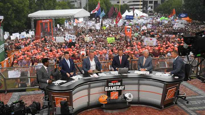 Desmond Howard, left, Rece Davis, Pat McAfee, Nick Saban, Lee Corso, and Kirk Herbstreit live broadcast during ESPN Gameday near Williams-Brice Stadium in Columbia, S.C. Saturday, September 14, 2024. Desmond Howard, left, Rece Davis, Pat McAfee, Nick Saban, Lee Corso, and Kirk Herbstreit live broadcast during ESPN Gameday near Williams-Brice Stadium in Columbia, S.C. Saturday, September 14, 2024.