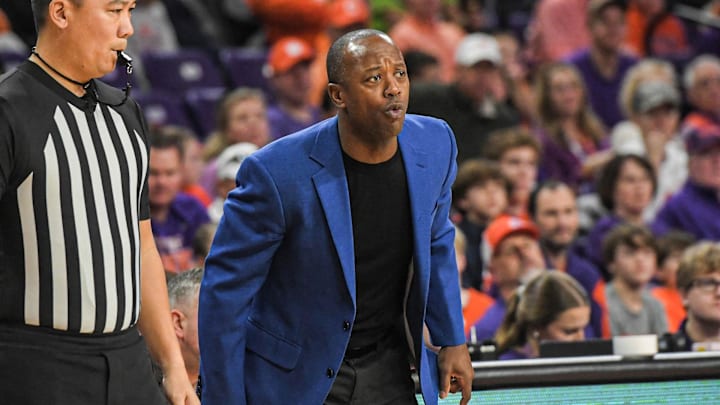 Jan 13, 2024; Clemson, South Carolina, USA; Boston College Eagles head coach Earl Grant reacts during the first half against the Clemson Tigers at Littlejohn Coliseum. Mandatory Credit: Ken Ruinard-Imagn Images