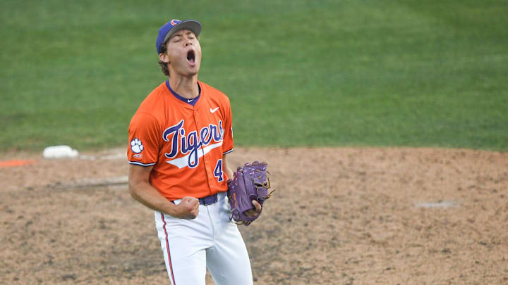 Clemson senior Lucas Mahlstedt (47) reacts after closing out the game against University of Louisville at Doug Kingsmore Stadum in Clemson, S.C. Friday, April 18, 2025. Clemson won 2-1, taking the ACC series.