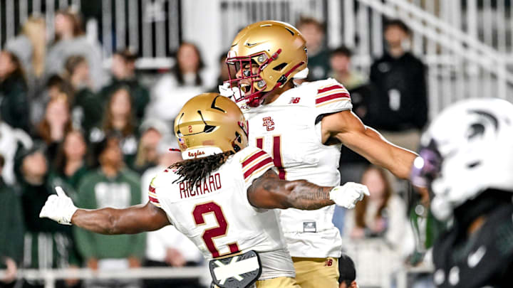 Boston College's Reed Harris, right, celebrates his touchdown with Turbo Richard during the second quarter 'in the game against Michigan State on Saturday, Sept. 6, 2025, at Spartan Stadium in East Lansing.