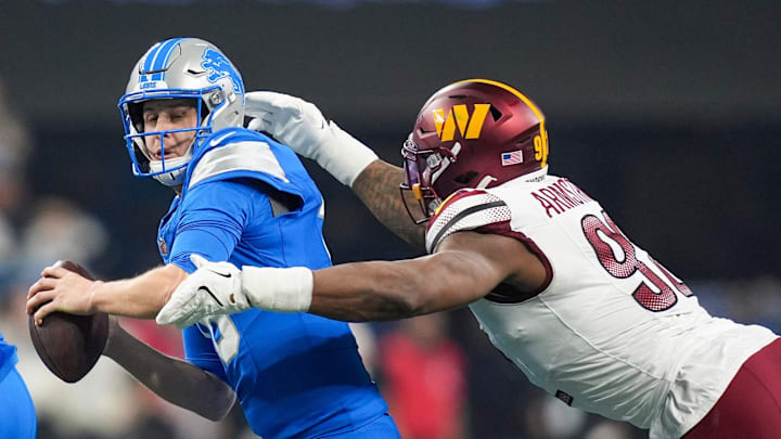 Commanders defensive end Dorance Armstrong gets his hands on Jared Goff in last year's playoffs. Commanders defensive end Dorance Armstrong gets his hands on Jared Goff in last year's playoffs.