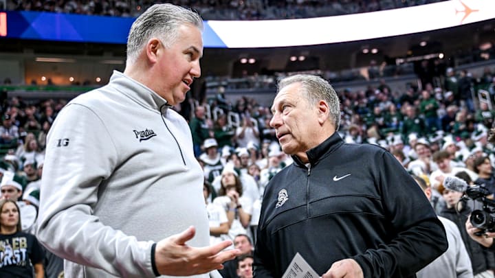Michigan State's head coach Tom Izzo, right, talks with Purdue's head coach Matt Painter 