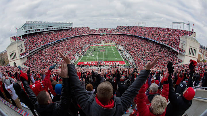 Ohio State fans cheer during Script Ohio prior to the NCAA football game against the Michigan Wolverines at Ohio Stadium in Columbus on Nov. 26, 2016.