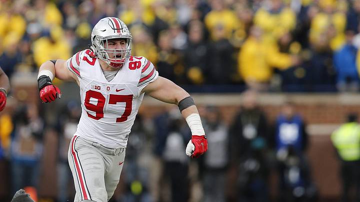Ohio State Buckeyes defensive lineman Joey Bosa (97) celebrates sacking Michigan Wolverines quarterback Jake Rudock (15) during the fourth quarter of the NCAA football game at Michigan Stadium in Ann Arbor on Nov. 28, 2015. Ohio State won 42-13. (Adam Cairns / The Columbus Dispatch) Ohio State Buckeyes defensive lineman Joey Bosa (97) celebrates sacking Michigan Wolverines quarterback Jake Rudock (15) during the fourth quarter of the NCAA football game at Michigan Stadium in Ann Arbor on Nov. 28, 2015. Ohio State won 42-13. (Adam Cairns / The Columbus Dispatch)