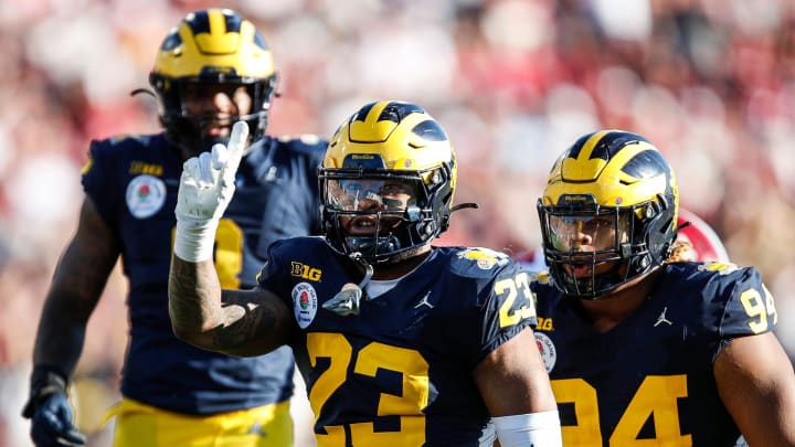 Michigan linebacker Michael Barrett celebrates a play against Alabama during the first half of the Rose Bowl in Pasadena, California, on Monday, Jan. 1, 2024.