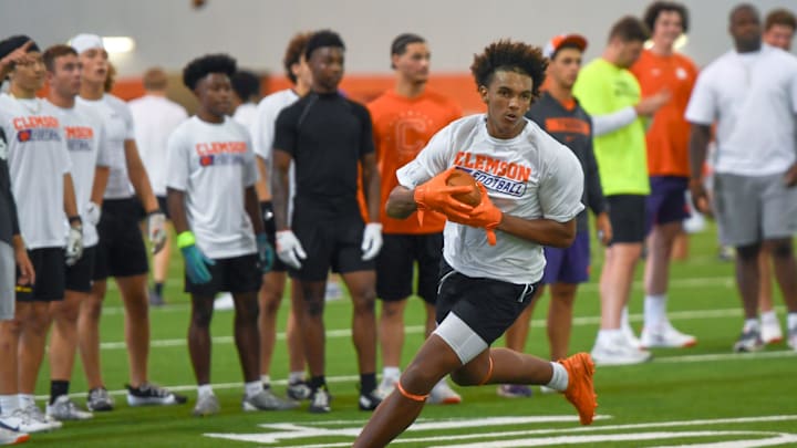 Jaxon Dollar, 2027 tight end from East Lincoln High in Denver, N.C. in a receiver drill during the 2025 Dabo Swinney Football Camp in Clemson, S.C. Tuesday, June 3, 2025.