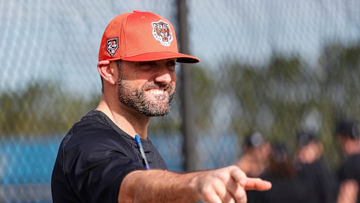 Detroit Tigers director of pitching Gabe Ribas watches warm up during spring training at Tigertown in Lakeland, Fla. on Tuesday, Feb. 13, 2024.
