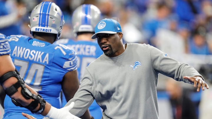 Lions assistant head coach and running backs coach Scottie Montgomery during warmups before the NFC divisional playoff game between the Lions and Buccaneers at Ford Field Lions assistant head coach and running backs coach Scottie Montgomery during warmups before the NFC divisional playoff game between the Lions and Buccaneers at Ford Field