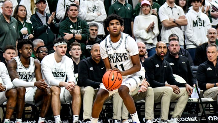 Michigan State's Jase Richardson makes a 3-pointer against Wisconsin during the second half on Sunday, March 2, 2025, at the Breslin Center in East Lansing. Michigan State's Jase Richardson makes a 3-pointer against Wisconsin during the second half on Sunday, March 2, 2025, at the Breslin Center in East Lansing.