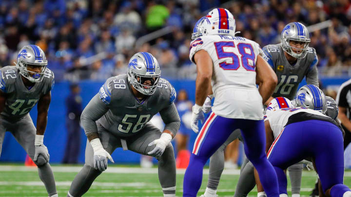 Detroit Lions offensive tackle Penei Sewell (58) gets ready for a snap against the Buffalo Bills during the first half at Ford Field in Detroit on Thursday, Nov. 24, 2022.