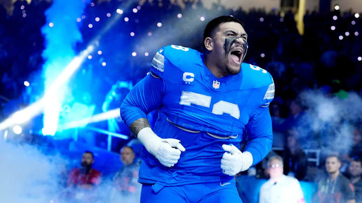 Detroit Lions offensive tackle Penei Sewell (58) is announced before the start of the game against the Washington Commanders in the NFC divisional round at Ford Field in Detroit on Saturday, Jan. 18, 2025.