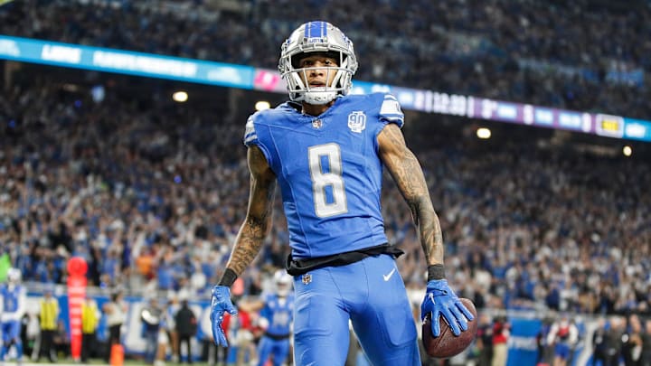 Detroit Lions wide receiver Josh Reynolds makes a catch against the Tampa Bay Buccaneers for a touchdown during the first half of the NFC divisional round playoff game at Ford Field in Detroit on Sunday, Jan. 21, 2024.