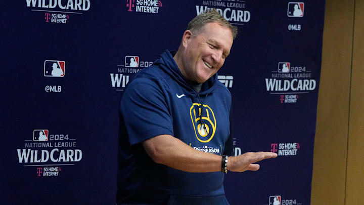 Milwaukee Brewers head coach Pat Murphy tells a story during a press conference before the Tuesday Milwaukee Brewers National League Wild Card playoff series at American Family Field in Milwaukee on Monday, Sept. 30, 2024.