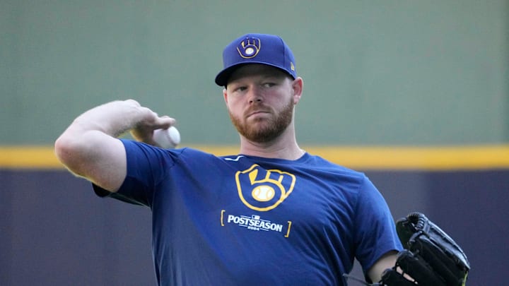 Brandon Woodruff throws some pitches before the Tuesday Milwaukee Brewers National League Wild Card playoff series at American Family Field in Milwaukee on Monday, Sept. 30, 2024.
