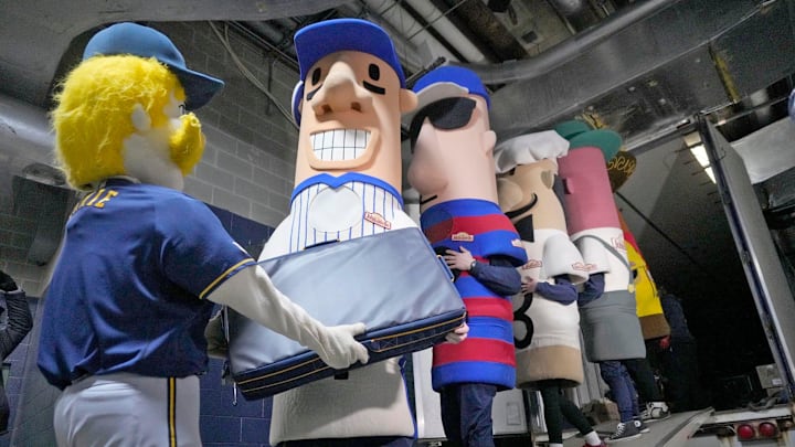 Bernie Brewer and the Famous Racing Sausages, help load the Milwaukee Brewers team equipment truck at American Family Field in Milwaukee on Tuesday, Feb. 4, 2025, before heading off to spring training in Phoenix, Arizona. Pitchers and catchers are scheduled to report to Phoenix on Wednesday, February 12.