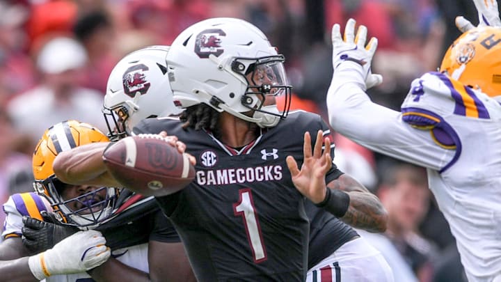 South Carolina quarterback Robby Ashford (1) passes during the fourth quarter at Williams-Brice Stadium in Columbia, S.C. Saturday, September 14, 2024.