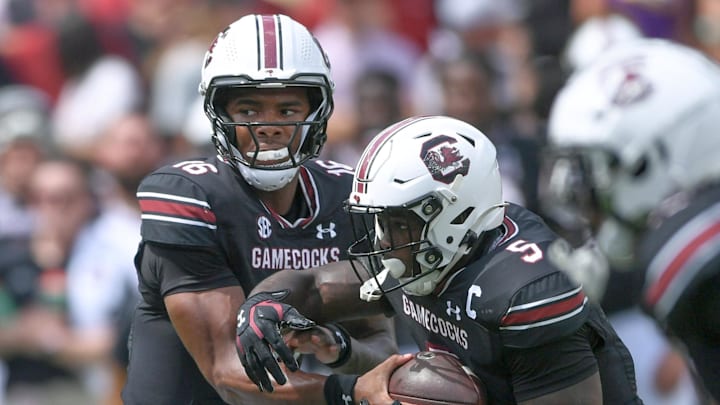 South Carolina quarterback LaNorris Sellers (16) hands off the ball to Rocket Sanders (5) during the first quarter at Williams-Brice Stadium in Columbia, S.C. Saturday, September 14, 2024. South Carolina quarterback LaNorris Sellers (16) hands off the ball to Rocket Sanders (5) during the first quarter at Williams-Brice Stadium in Columbia, S.C. Saturday, September 14, 2024.
