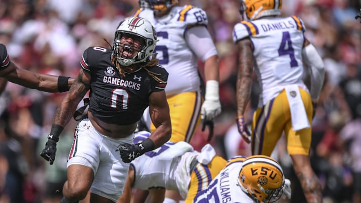 South Carolina linebacker Debo Williams reacts after tackling Louisiana State University running back Josh Williams (18) during the first quarter at Williams-Brice Stadium in Columbia, S.C. Saturday, September 14, 2024.