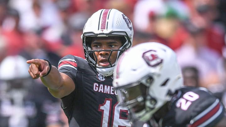 South Carolina quarterback LaNorris Sellers (16) gets ready to run a play against Louisiana State University during the first quarter at Williams-Brice Stadium in Columbia, S.C. Saturday, September 14, 2024.