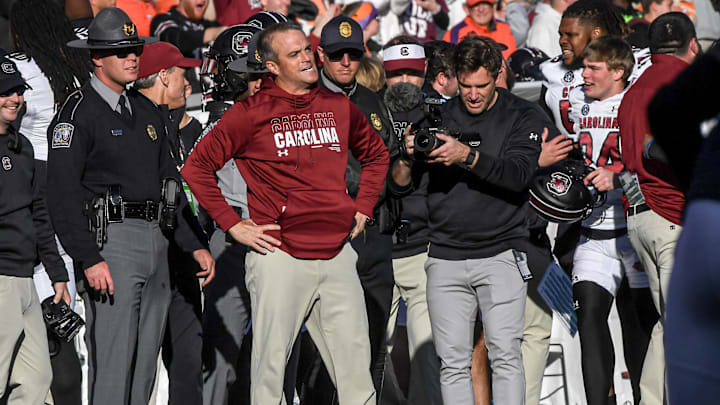 Nov 30, 2024; Clemson, South Carolina, USA; South Carolina Head Coach Shane Beamer smiles after the game against Clemson at Memorial Stadium. Mandatory Credit: Ken Ruinard-Imagn Images