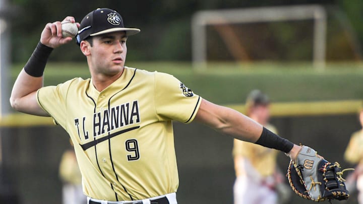 TL Hanna High's Will Craddock (9) warms up before the game with JL Mann High School in Anderson, S.C. Friday, April 11, 2025.