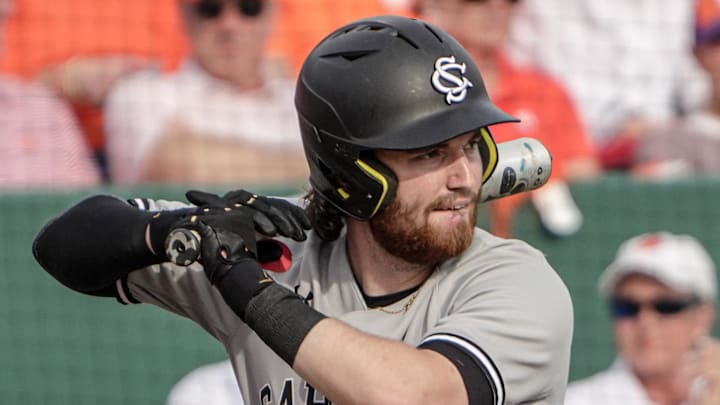 South Carolina senior Talmadge LeCroy (5) bats against Clemson during the top of the third inning at Doug Kingsmore Stadium in Clemson, S.C. Sunday, March 1, 2026. South Carolina senior Talmadge LeCroy (5) bats against Clemson during the top of the third inning at Doug Kingsmore Stadium in Clemson, S.C. Sunday, March 1, 2026.