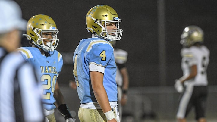 D.W. Daniel High School sophomore Grayson Clary (4) lines up for a play with Greer High during the fourth quarter at DW Daniel High School in Central, S.C. Friday, November 1, 2024.