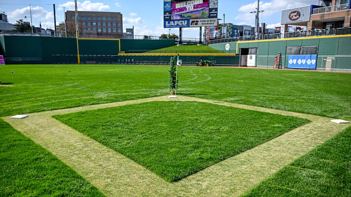 A baseball diamond used on one of the holes at the mini golf course at the Lugnuts' Jackson Field on Thursday, Sept. 19, 2024, in Lansing. The 18-hole miniature golf course is open to the public through Sunday.