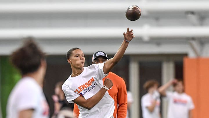 Gavin Owens, 2025 pro-style quarterback from Rabun Gap Nacoochee High, participates in drills from during the first of the 2023 Dabo Swinney High School Camps at the practice facilities at Clemson University in Clemson, S.C. Wednesday, May 31, 2023. There are camps for High School (rising 8th-12th graders), and Youth camps. The camps provide campers with football fundamentals for various skill positions, with no-contact, no pads, or helmets.