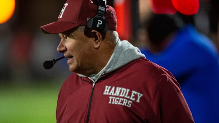 Handley coach Larry Strain looks on at Montgomery Catholic High School in Montgomery, Ala., on Friday, Nov. 18, 2022. Catholic leads Handley 16-14 at halftime.