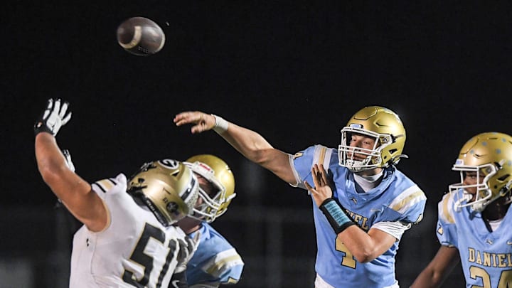 D.W. Daniel High School sophomore Grayson Clary passes against Greer High during the fourth quarter at D.W. Daniel High School in Central, S.C. Friday, November 1, 2024.