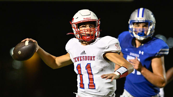 Tewksbury quarterback Vincent Ciancio looks to make a pass during a football game versus Danvers at Danvers High School on Friday, Sept. 9, 2022. Tewksbury defeated Danvers 35-21.

8048753001p Dan Football8ds