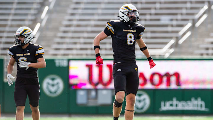Thompson Valley's Colton (cj) James celebrates after making a play during the Colorado 3A high school football state game against Mead on Saturday, Dec. 7, 2024 at Canvas Stadium in Fort Collins, Colo.