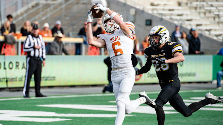 Mead's Noah Vroman gets the catch for a touchdown during the Colorado 3A high school football state game against Thompson Valley on Saturday, Dec. 7, 2024 at Canvas Stadium in Fort Collins, Colo.