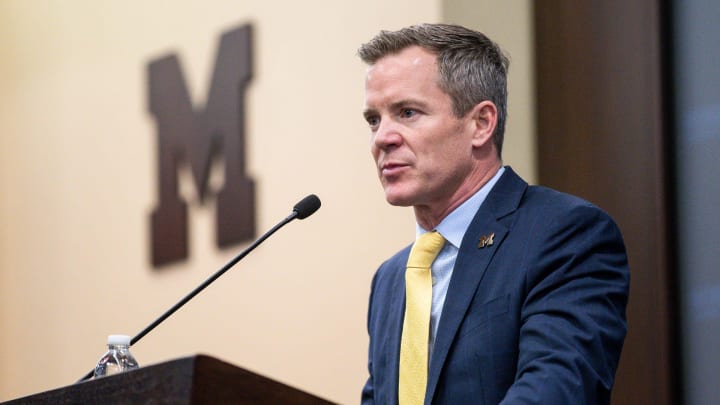 U-M's new men's basketball head coach Dusty May speaks during introductory press conference at Junge Family Champions Center in Ann Arbor on Tuesday, March 26, 2024.