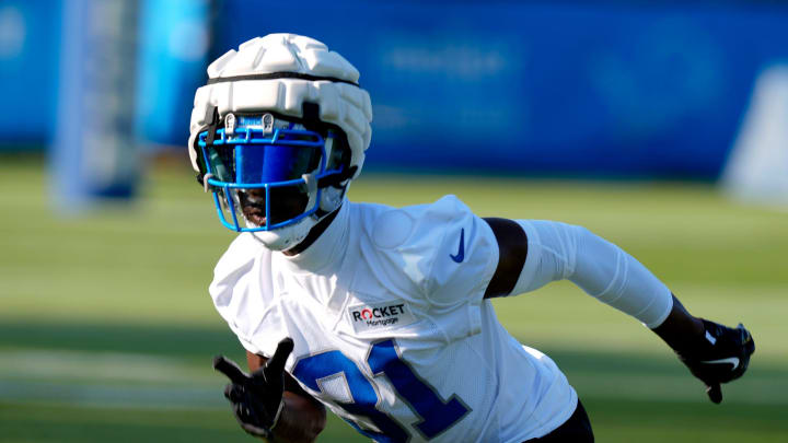 Detroit Lions safety Kerby Joseph goes through defense drills during practice at the Detroit Lions practice facility in Allen Park on Friday, July 26, 2024