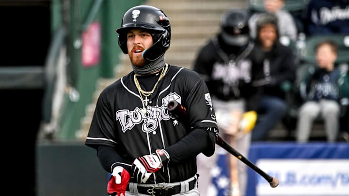 Lugnuts' Tommy White prepares to bat against Michigan State in the first inning on Tuesday, April 1, 2025, during the Crosstown Showdown at Jackson Field in Lansing.