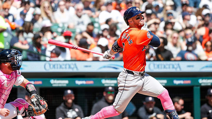 Houston Astros third base Alex Bregman bats against the Detroit Tigers during the fourth inning at Comerica Park, May 12, 2024.