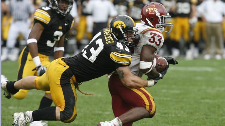 Iowa's Pat Angerer brings down Iowa State's Alexander Robinson in the fourth quarter of their game played Sept. 13, 2008 in Iowa City.
Fbc Ui Vs Iowa State Iowa's Pat Angerer brings down Iowa State's Alexander Robinson in the fourth quarter of their game played Sept. 13, 2008 in Iowa City.
Fbc Ui Vs Iowa State