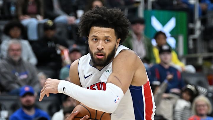 Nov 10, 2024; Detroit, Michigan, USA; Detroit Pistons guard Cade Cunningham (2) takes the ball into the key against the Houston Rockets  in the fourth quarter at Little Caesars Arena. Mandatory Credit: Lon Horwedel-Imagn Images
