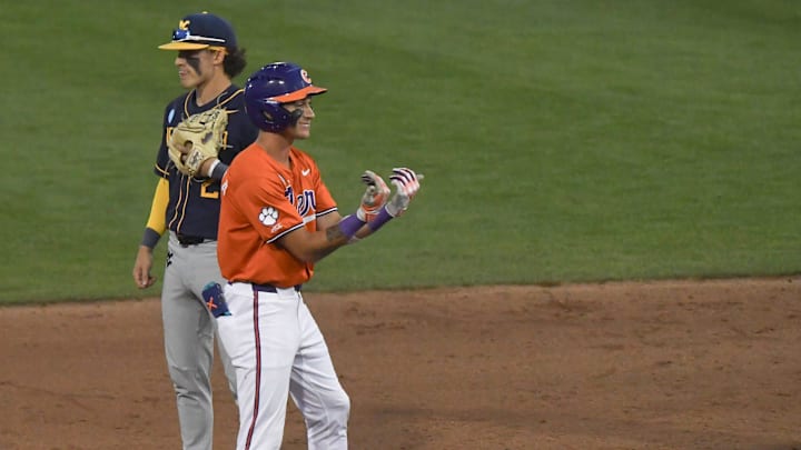 Clemson outfielder Cam Cannarella (10) reacts after hitting a double and the Tigers taking a 5-4 lead against West Virginia during the bottom of the seventh inning at the NCAA baseball Clemson Regional at Doug Kingsmore Stadium in Clemson, S.C. Saturday, May 31, 2025.
