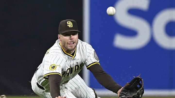 Apr 1, 2025; San Diego, California, USA; San Diego Padres left fielder Brandon Lockridge (28) makes a diving catch on a ball hit by Cleveland Guardians shortstop Brayan Rocchio (4) during the third inning at Petco Park. Mandatory Credit: Denis Poroy-Imagn Images Apr 1, 2025; San Diego, California, USA; San Diego Padres left fielder Brandon Lockridge (28) makes a diving catch on a ball hit by Cleveland Guardians shortstop Brayan Rocchio (4) during the third inning at Petco Park. Mandatory Credit: Denis Poroy-Imagn Images