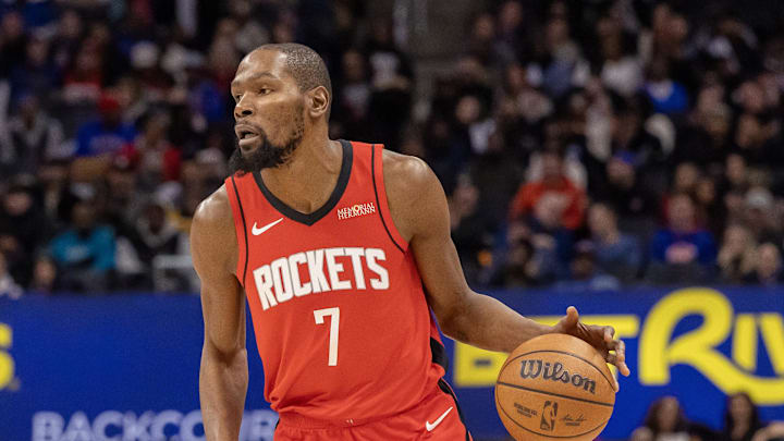 Jan 23, 2026; Detroit, Michigan, USA; Houston Rockets forward Kevin Durant (7) moves the ball up court against the Detroit Pistons during the first half at Little Caesars Arena. Mandatory Credit: David Reginek-Imagn Images Jan 23, 2026; Detroit, Michigan, USA; Houston Rockets forward Kevin Durant (7) moves the ball up court against the Detroit Pistons during the first half at Little Caesars Arena. Mandatory Credit: David Reginek-Imagn Images
