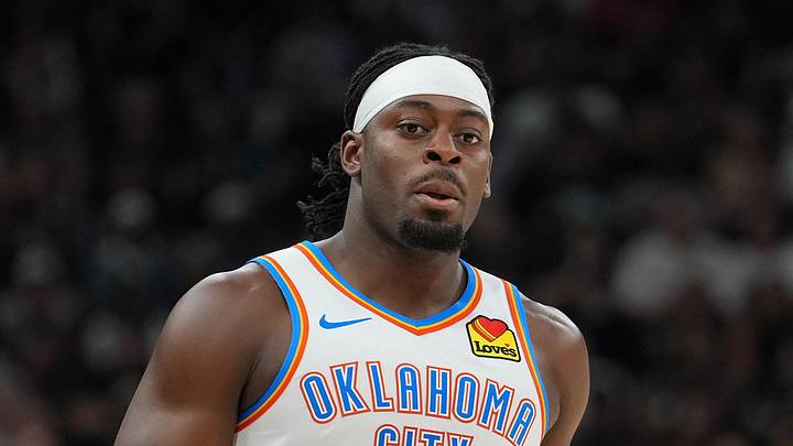 May 28, 2026; San Antonio, Texas, USA; Oklahoma City Thunder guard Luguentz Dort (5) in the second half during game six of the western conference finals for the 2026 NBA playoffs at Frost Bank Center. Mandatory Credit: Daniel Dunn-Imagn Images