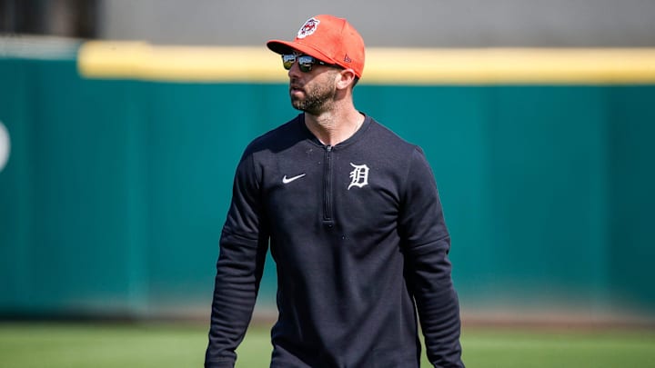 Detroit Tigers hitting coach Keith Beauregard watches practice during spring training at TigerTown in Lakeland, Fla. on Monday, Feb. 19, 2024.