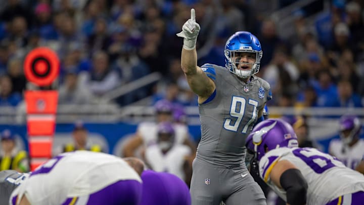 Detroit Lions defensive end Aidan Hutchinson before a play against the Minnesota Vikings at Ford Field in Detroit on Sunday, Jan. 7, 2024.