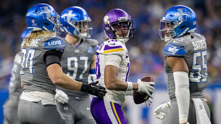 Minnesota Vikings wide receiver Justin Jefferson looks back after catching a pass against the Detroit Lions at Ford Field in Detroit on Sunday, Jan. 7, 2024. Minnesota Vikings wide receiver Justin Jefferson looks back after catching a pass against the Detroit Lions at Ford Field in Detroit on Sunday, Jan. 7, 2024.